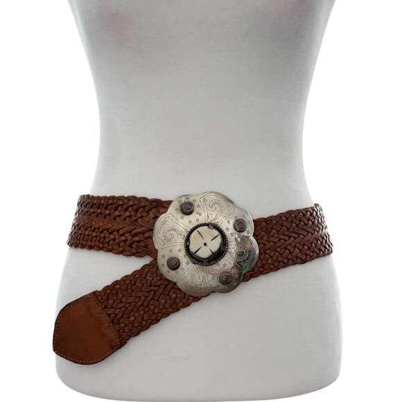 Moroccan Cowgirl Western Boho Rosette Engraved Concho Braided Leather Belt (S/M)